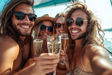 A varied group of pals are celebrating on a yacht while sipping champagne, space, Generative AI. - obrazy, fototapety, plakaty