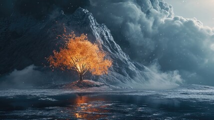 a lone tree stands amidst a frozen lake and an erupting volcano symbolizing the harmony between the opposing elements of fire and ice - obrazy, fototapety, plakaty