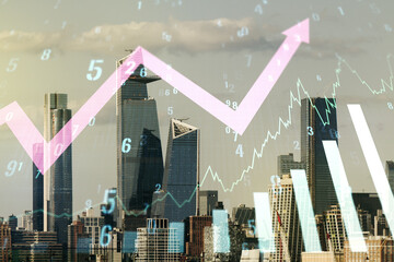 Multi exposure of virtual abstract financial graph and upward arrow on New York city skyline...