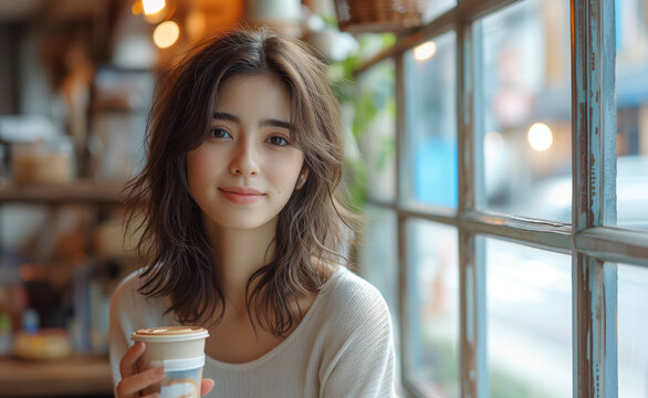 A cute japanse beautiful woman in cafe holding a coffee cup