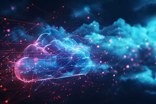 Digital data processing in the virtual cloud abstract background. Glowing digital cloud with pixels, lines, connectivity, and data flow in the virtual world. Cloud computing Background.