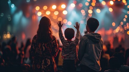 Christian family raised hands to praise God in church worship concert concept for religion, worship, prayer heaven after life - obrazy, fototapety, plakaty