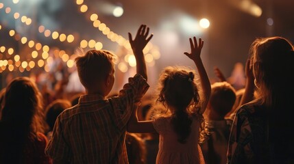 Christian family raised hands to praise God in church worship concert concept for religion, worship, prayer heaven after life - obrazy, fototapety, plakaty