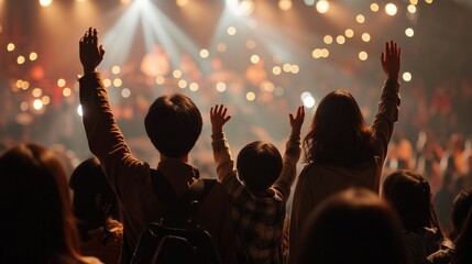 Christian family raised hands to praise God in church worship concert concept for religion,...