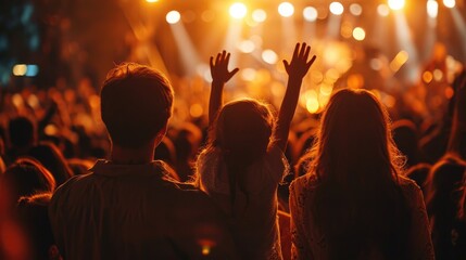 Christian family raised hands to praise God in church worship concert concept for religion,...