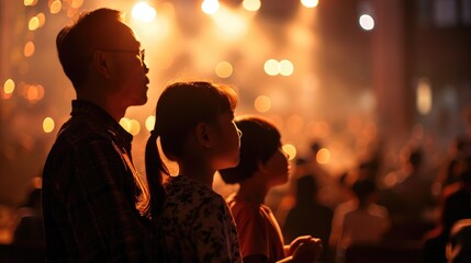 Christian family raised hands to praise God in church worship concert concept for religion, worship, prayer heaven after life