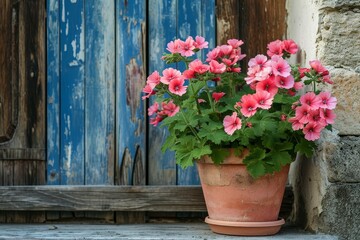 Fototapeta na wymiar Geranium flowers in planter on a patio of an old house with rustic decor.
