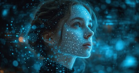 A woman with technological connections in her face in a technical backdrop with a copy space, Generative AI.