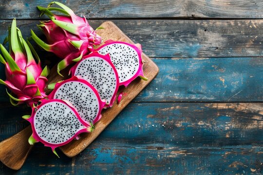 Sliced dragon fruit with cutting board on wooden table.