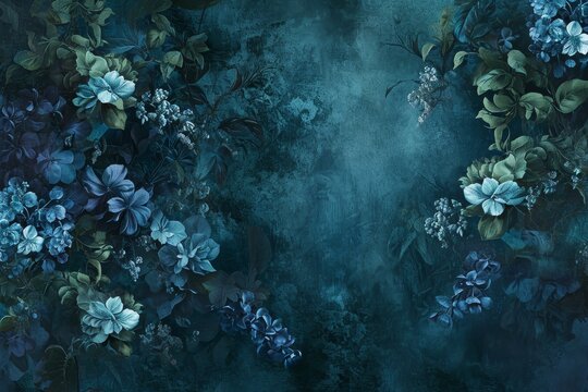 Floral green and blue wallpaper, in the style of handcrafted designs