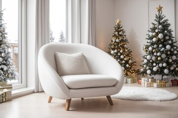 Interior home design of living room with white snuggle chair and christmas tree winter decoration