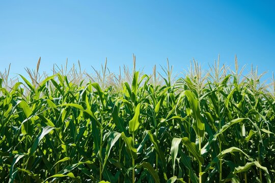Corn field with clear blue sky.