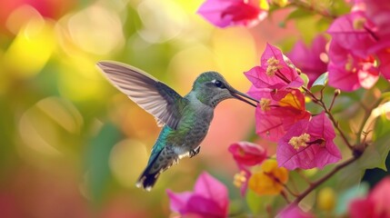 Fototapeta premium Closeup of a graceful hummingbird with a glittering iridescent throat sipping from a of pink and yellow blooms on a blooming bougainvillea vine
