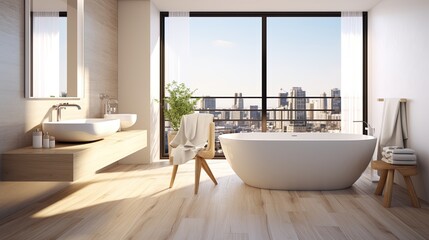 Fototapeta na wymiar Luxury bathroom interior design with wooden floor, mirror, sink, towel stand and bathtub. Created with Ai