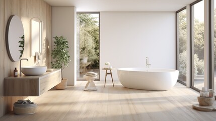 Fototapeta na wymiar Modern bathroom interior with wooden walls, wound mirror, sink and large bathtub. Created with Ai