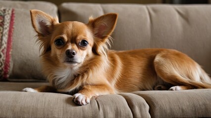 Fawn long coat chihuahua dog lying on sofa in living room