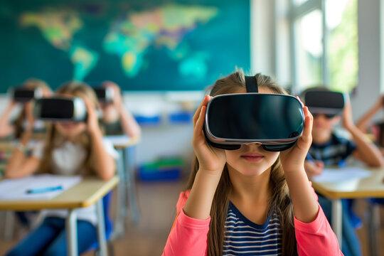 Schoolchildren use virtual reality glasses in the educational process