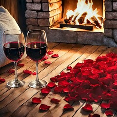 Cozy romantic evening with wine by the fireplace, red rose petals heart, warmth and love, intimate Valentine's Day celebration, relaxing at home, couple's retreat, romantic decor, tranquil ambiance.