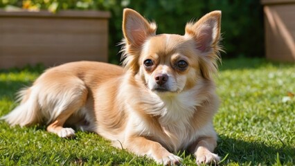 Fawn long coat chihuahua dog lying outside in the garden