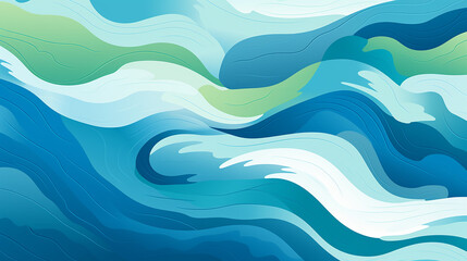 A flat design of a geometrically stylized river, twists and turns rendered calming blues and greens - obrazy, fototapety, plakaty