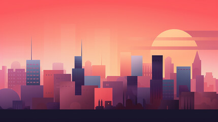 An illustration of a clean, minimal cityscape, buildings reduced to geometric against a dusky sky
