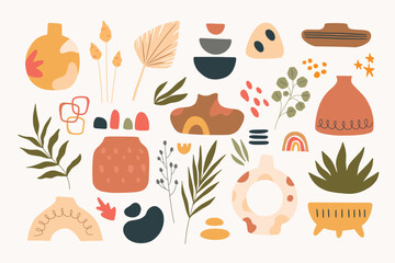 Modern hand drawn plant leaf and tropical shape decoration set. Pastel color doodle bundle for fashion design, summer season or natural concept.