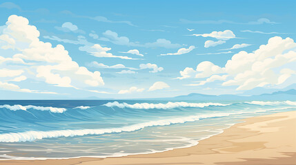 clean uncluttered beach scene where the horizon meet the sea in soothing palette of blues sandy hues