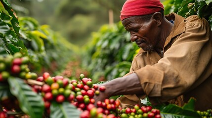 African farmer working in his Tanzanian coffee field with a big copy space, Generative AI.