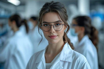 Fototapeta premium In a modern Medical Science Lab, a young woman scientist dons a white coat and glasses, epitomizing brilliance. Surrounded by a dedicated team, she embodies innovation and expertise.