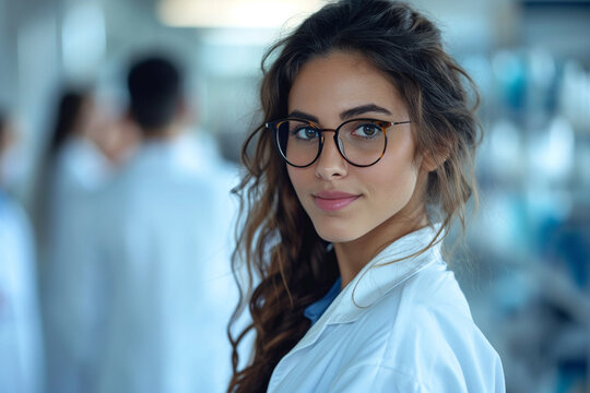 In a modern Medical Science Lab, a young woman scientist dons a white coat and glasses, epitomizing brilliance. Surrounded by a dedicated team, she embodies innovation and expertise.