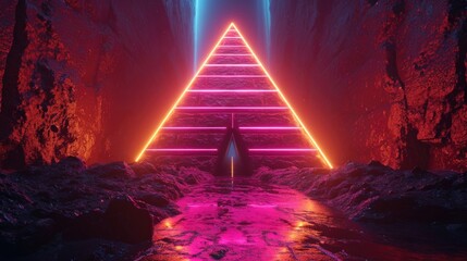 A majestic pyramid aglow in pulsating neon hues breathing new life into an old structure - obrazy, fototapety, plakaty
