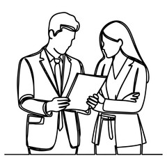 Fototapeta premium Business discussion of man and woman standing talking about document and holding document. continuous one line art drawing of business meeting with handshake