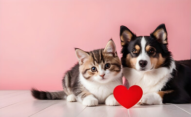 Friendly dog and cat with heart, Valentine's Day, Christmas. Generative AI