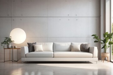 Interior home design of living room with white sofa and white concrete wall near the window