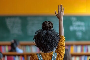 Back view of a black female student amid a lecture raising her hand to ask questions, space, Generative AI. - obrazy, fototapety, plakaty