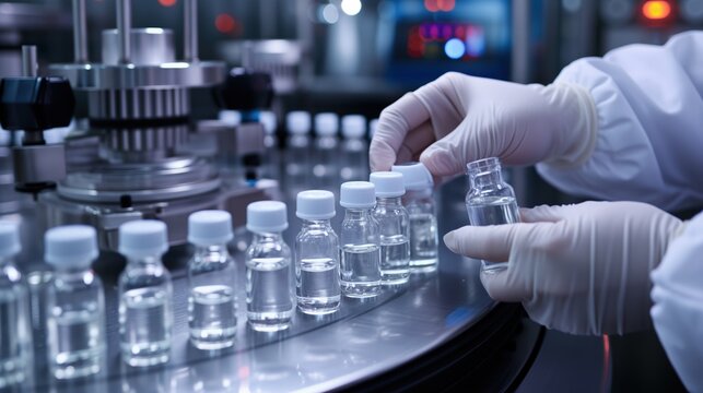 Sanitary-Gloved Hand Executes a Dance of Precision on Medical Vials. Lab equipment orchestrates a symphony of science research in the pharmaceutical factory. Generative AI
