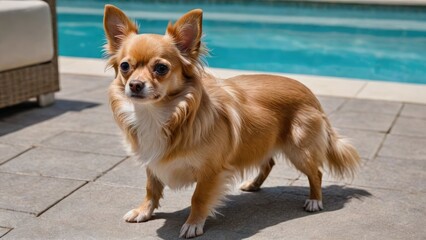 Fawn long coat chihuahua dog standing by the pool
