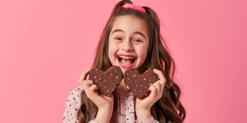 young girl holding up two heart shaped brownies, generative AI - obrazy, fototapety, plakaty