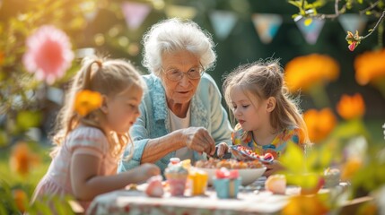 Generations of Joy: Grandmother and Granddaughters Enjoying a Garden Birthday Party. AI Generative.