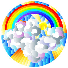 Illustration in stained glass style with celestial landscape, sun and clouds on rainbow background, round image