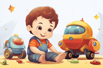 A happy child is playing with toys in his room on the floor, the child has different colored toys, a bear, a car. Generate Ai
