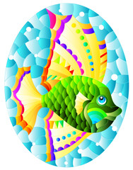 Illustration in the style of a stained glass window with a bright rainbow fish scalar on a background of blue water, oval image 