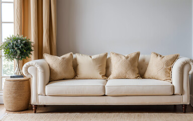 Close-up of a fabric sofa adorned with pillows in a modern living room with French country home interior design.