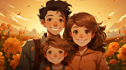 Happy family dad mom mom and son together, family portrait, illustration. Generate Ai