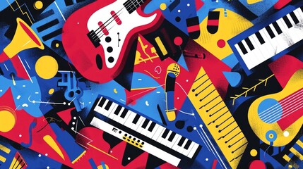 Vibrant and lively this tapestry captures the essence of retro music with its blend of abstract musical elements like guitars microphones and keyboard keys