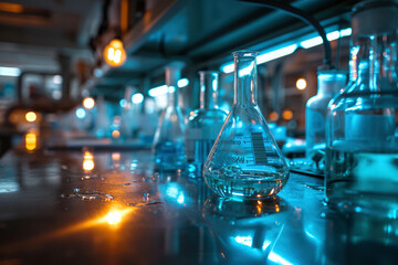 science laboratory, a glass cup filled with chemical fluid, stands on a lab table on day for experiment, ready for experimentation in the field of biology - obrazy, fototapety, plakaty