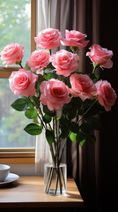 a full body shot of Jumilia Dutch Rose bouquet in a house,vertical rule of thirds shot,with adequate copy-space available for text or promotional content