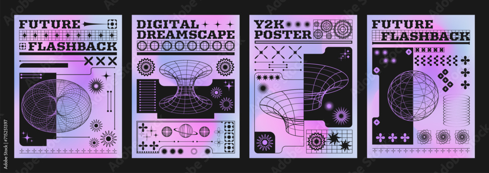 Poster y2k techno style poster design layout with grid abstract simple shapes and typography on liquid colo