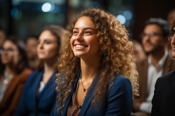 Fototapeta premium Team of coworkers sharing a joyful moment during a successful project presentation, Generative AI