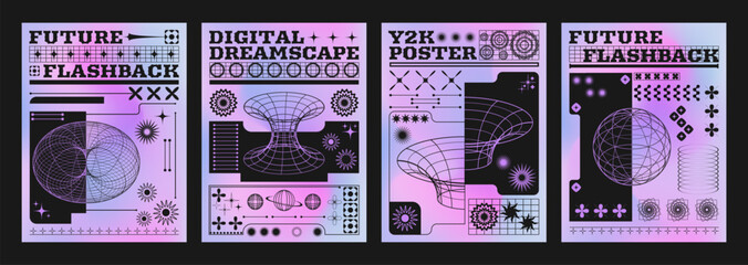 Y2k techno style poster design layout with grid abstract simple shapes and typography on liquid color gradient background. Trendy retro banner template in 2000s aesthetic with wire geometric forms.
